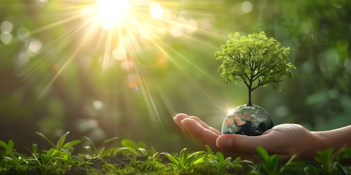 Hand holding small Earth with tree symbolizing ESG commitment to CO2 reduction. Concept Sustainability, Environmental Conservation, ESG Commitment, CO2 Reduction, Earth-friendly Practices