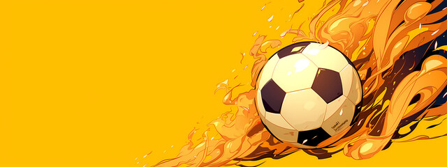 Flaming soccer ball on yellow background. Epic goal. World championship cup. International football match. Creative concept of professional sport and leisure, energy and power. Banner with copy space
