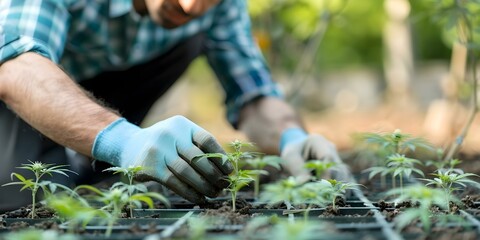 Man tending to young marijuana plants on a sunny plantation. Concept Marijuana Cultivation, Plant Care, Agriculture Industry, Cannabis Farming, Outdoor Gardening