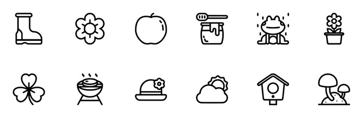 Set Of Linear Spring Line Isolated Silhouette Solid Icons With Food-And-Restaurant,Honey-Dipper,Flower,Vegan,Farming-And-Gardening Pictograms And Infographics Design Elements Vector Illustration