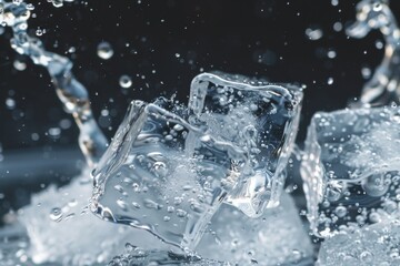 Splashing water on clear ice cubes