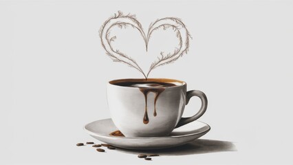 A charming drawing depicting a coffee mug decorated with thin steam, which elegantly forms a heart symbolizing love.