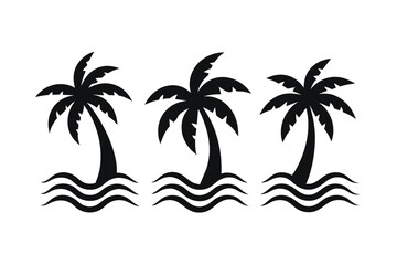 Set of palm tree island and waves, paradise graphics laser citting engraving on white background