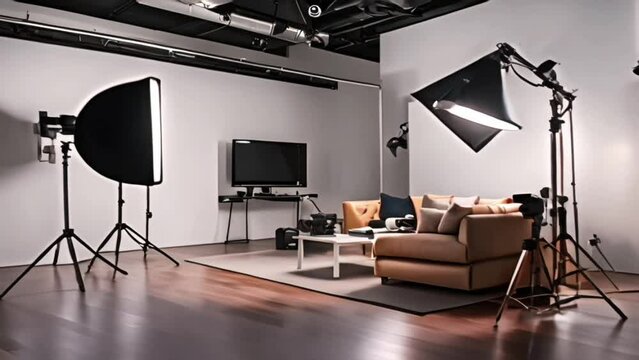Interior of modern photo studio with orange armchairs and lighting equipment, Interior of modern photo studio with professional equipment, AI Generated