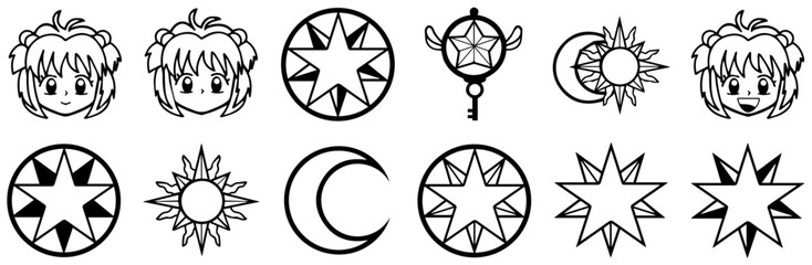 Set Of Sakura Card Captors Vector Symbols Apps, Websites Ui Designs Suitable For Anime,Symbol,Star,Cards,Magic Simple Black Style Symbol Sign For Apps And Website, Vector Illustration