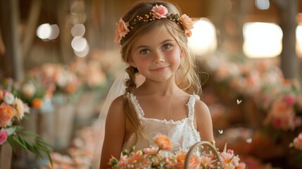 Young Girl in Wedding Dress Holding Basket of Flowers