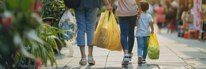 A woman and two children are walking down a sidewalk, carrying reusable bags after shopping, promoting eco-friendly consumer habits and reducing single-use plastic