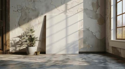 Empty room with large window and potted plant