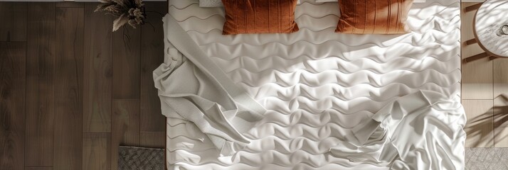 Overhead view of a white bed with two orange pillows neatly arranged on top, showcasing the high-quality mattress with a smooth surface