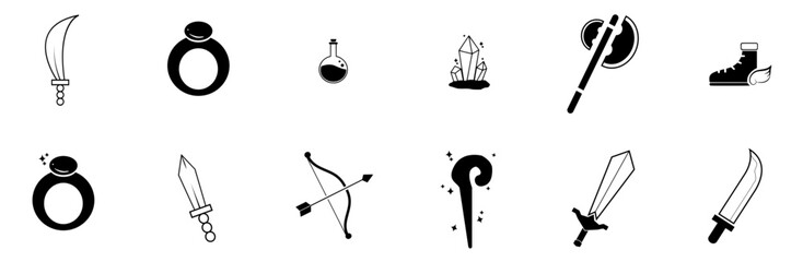 Set Of Rpg Items Icons Collection Isolated Silhouette Solid Icons Including Sword,Magic,Gaming,Ring,Rpg Vector Illustration Linear Pictogram Pack