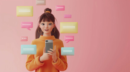3D illustration of a smiling girl texting on smartphone with messages floating around in bright room.