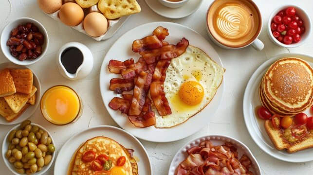 Delicious breakfast of pancakes, eggs, and bacon