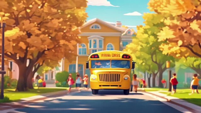 Big classic vintage american yellow schoolbus standing on a bus lane at highway and waiting pupils and children for school trip road. School bus transport on route bright morning time