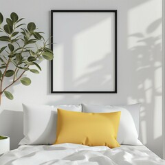 Frame mockup, modern home bedroom interior with bed, wall poster frame, 3D render
