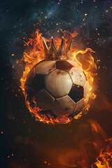 Naklejka premium Flaming soccer ball with golden crown on black background. Epic goal, winner. World championship cup. Sport bet, football match betting. Banner, poster or card with copy space