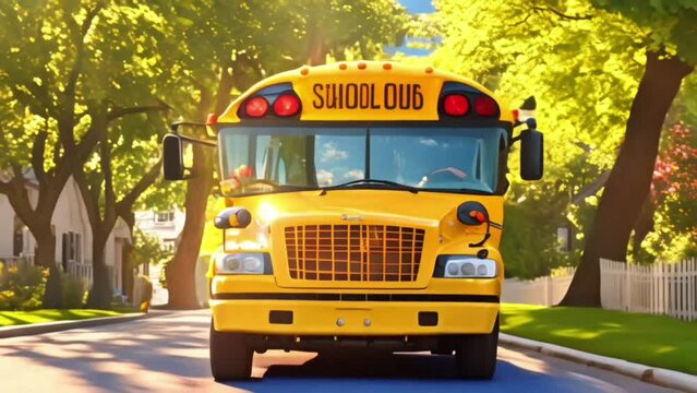 Big classic vintage american yellow schoolbus standing on a bus lane at highway and waiting pupils and children for school trip road. School bus transport on route bright morning time