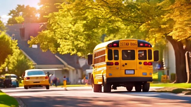 Big classic vintage american yellow schoolbus standing on a bus lane at highway and waiting pupils and children for school trip road. School bus transport on route bright morning time