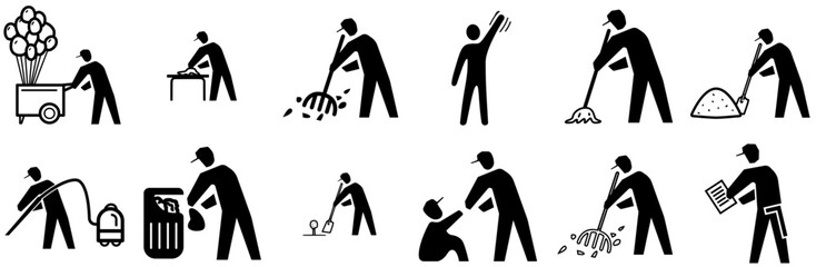 Set Of People Working Vector Symbols Apps, Websites Ui Designs Suitable For Raking-Leaves,Rake,Cleaning,Leaves,Clean Vector Icon Set Linear Pictogram Pack