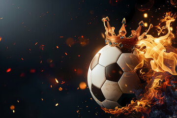 Naklejka premium Flaming soccer ball with golden crown on black background. Epic goal, winner. World championship cup. Sport bet, football match betting. Banner, poster or card with copy space