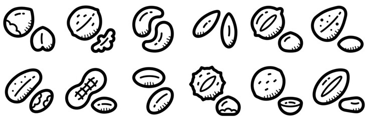 Set Of Linear Nuts Dashed Isolated Silhouette Solid Icons With Healthy,Snack,Protein,Peanut,Nut Outline Icons Collection. Simple Vector Illustration