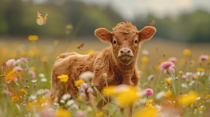 baby Scottish highland cow with horns standing in a grassy field with colorful butterflies fluttering around them.