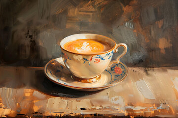 Oil painting of beautiful barrista coffee in a ceramic mug