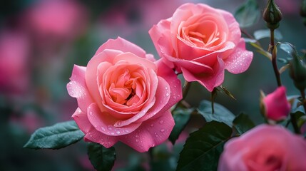 Close-Up of Pink Roses with Dew Drops - Powered by Adobe