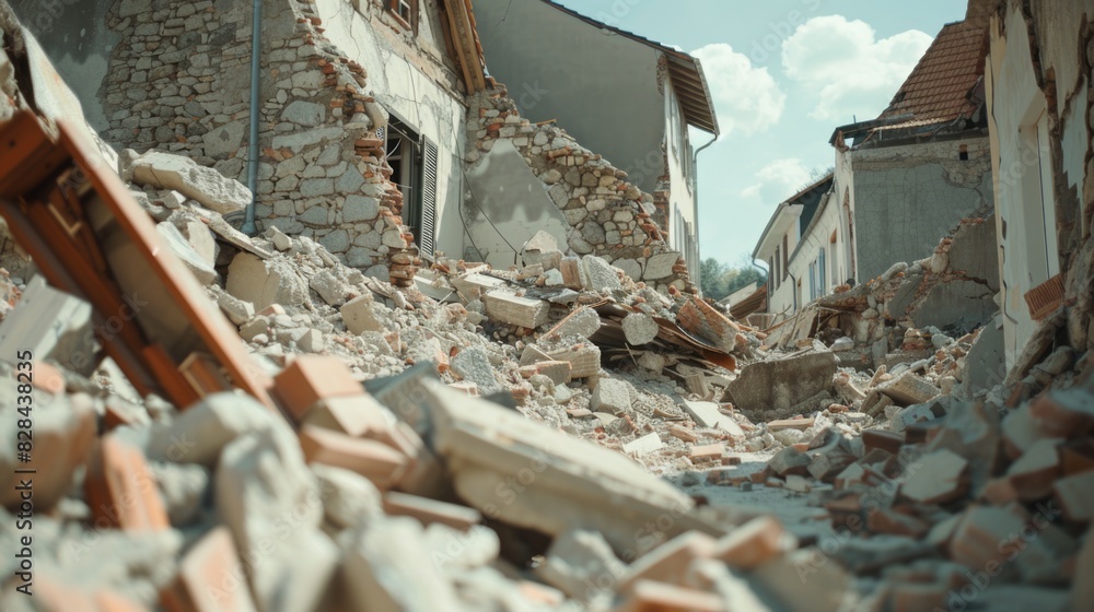 Poster a pile of rubble in front of a building, suitable for construction or demolition concepts