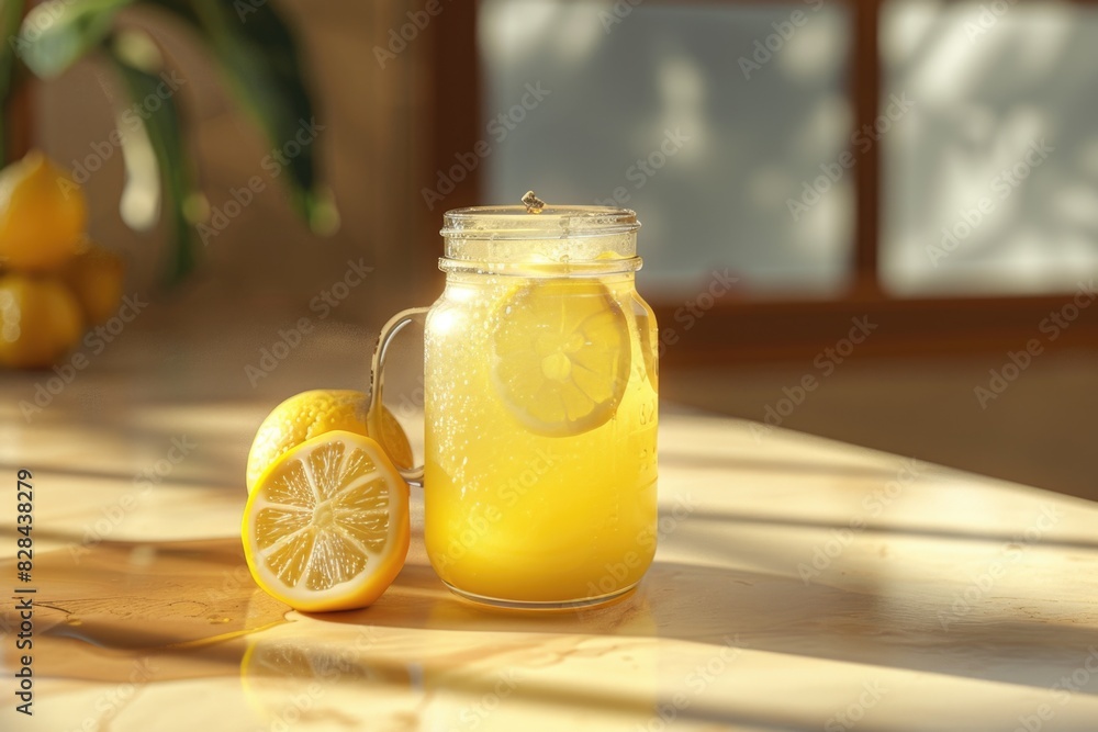 Poster refreshing lemonade in a jar with a slice of lemon, perfect for summer drinks