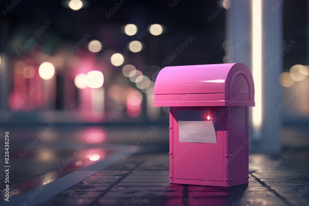 Poster Pink mailbox on the side of a street, suitable for various concepts