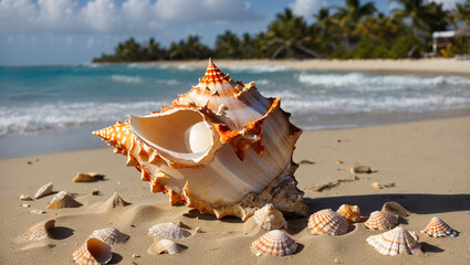 A large conch shell sits on the sand near the ocean.  