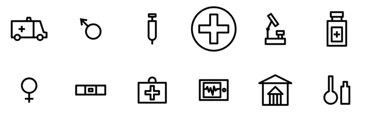 A Collection Of Medicine Outline Icons Silhouette Vector Logo Design Containing Equipment,Medicine,Potion,Sex,Gender Outline Icons Collection. Simple Vector Illustration