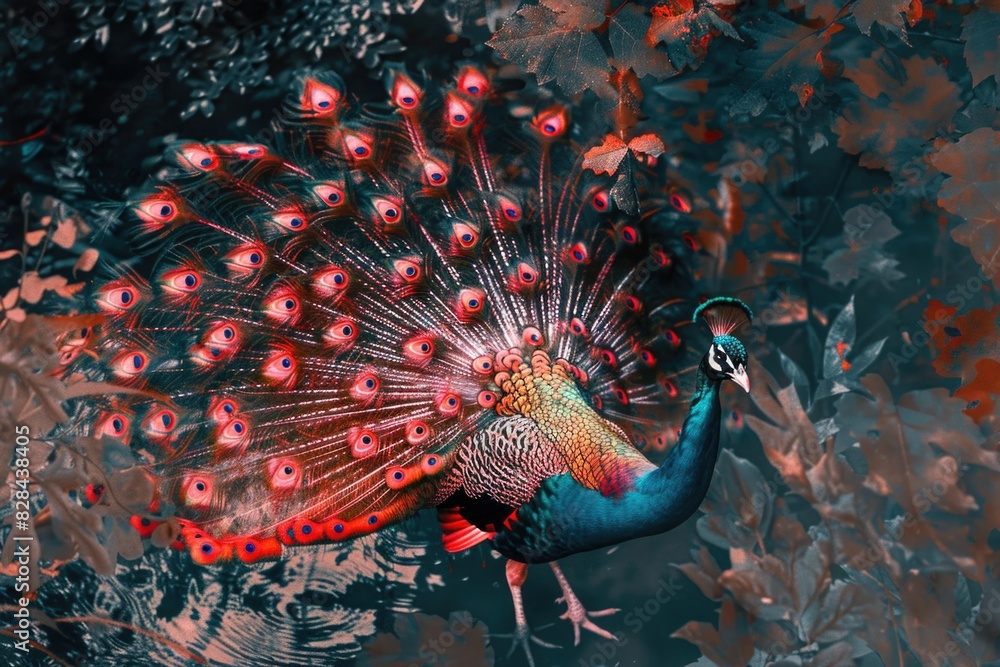 Poster a vibrant peacock displaying its colorful feathers. ideal for nature and wildlife concepts