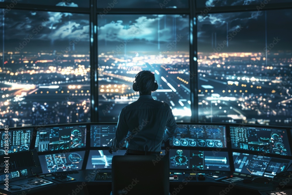 Aufkleber A man standing in front of multiple monitors in a control room. Ideal for technology or security concepts
