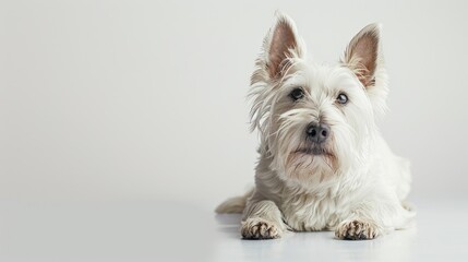 Small white dog relaxing on a white surface, suitable for pet-related designs