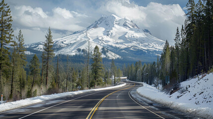 a road next to a snow covered mountain, spectacular backdrops 