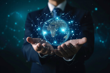 Businessman holding virtual world with 6G with connection line Technology transformation concept. 