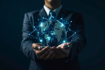 Businessman holding virtual world with 6G with connection line Technology transformation concept.