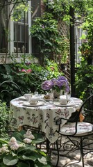 Table and Chairs in Garden With Flowers