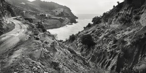 A scenic black and white photo of a mountain road. Perfect for travel websites or nature blogs
