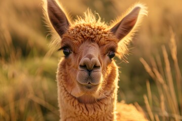 A detailed shot of a llama in a grassy field. Suitable for animal and nature themes - Powered by Adobe