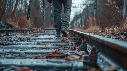 Naklejka premium A person walking on a train track in the woods. Suitable for transportation or nature concepts