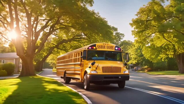 Big classic vintage american yellow schoolbus standing on a bus lane at highway and waiting pupils and children for school trip road. School bus transport on route bright morning time
