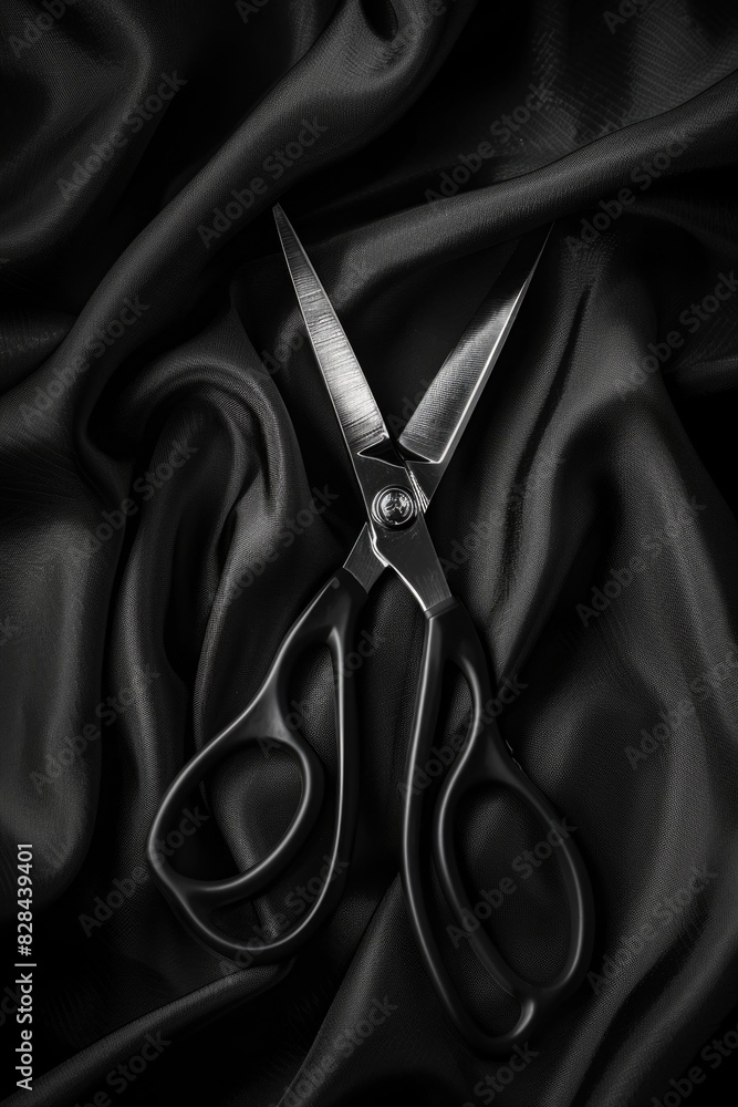Poster a pair of scissors on top of a black cloth. ideal for craft and diy projects