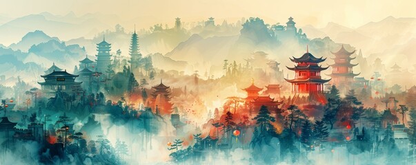 A painting of a mountain landscape with many buildings and a misty atmosphere. The buildings are red and yellow, and the mountains are covered in mist. The painting evokes a sense of tranquility