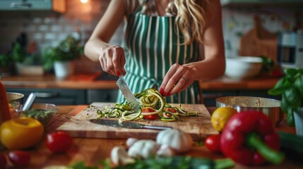 A woman in an apron cutting up fresh vegetables. Perfect for cooking and kitchen-related designs