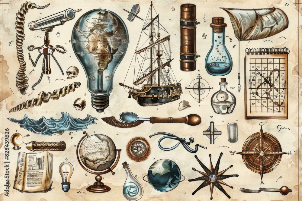 Fototapete a detailed drawing of various objects on a table. suitable for illustrating still life concepts