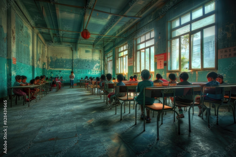 Poster group of children sitting at desks in a classroom. ideal for educational concepts