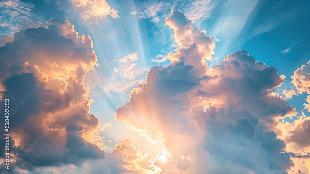 Poster sunlight breaking through the clouds, ideal for weather or nature concepts