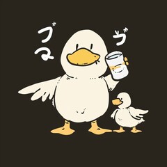 Adorable cartoon ducklings holding milk, Japanese kawaii aesthetic.